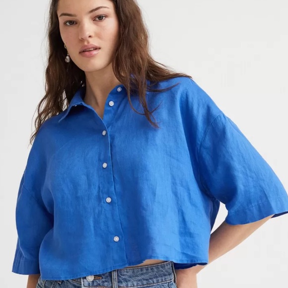 H&M Tops - Cobalt Blue Cropped Button-Up Shirt - Women